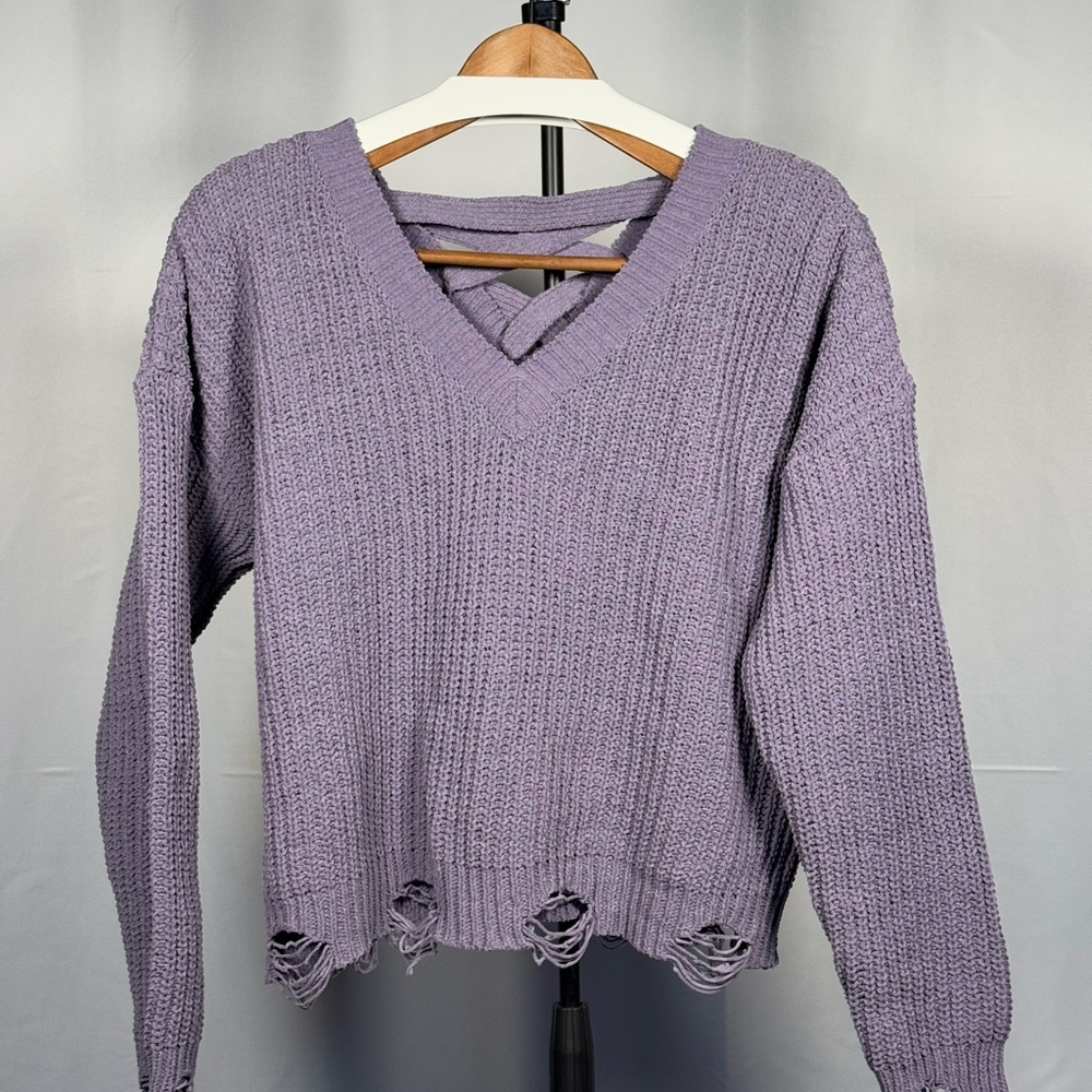 Purple V-Neck Distressed Sweater